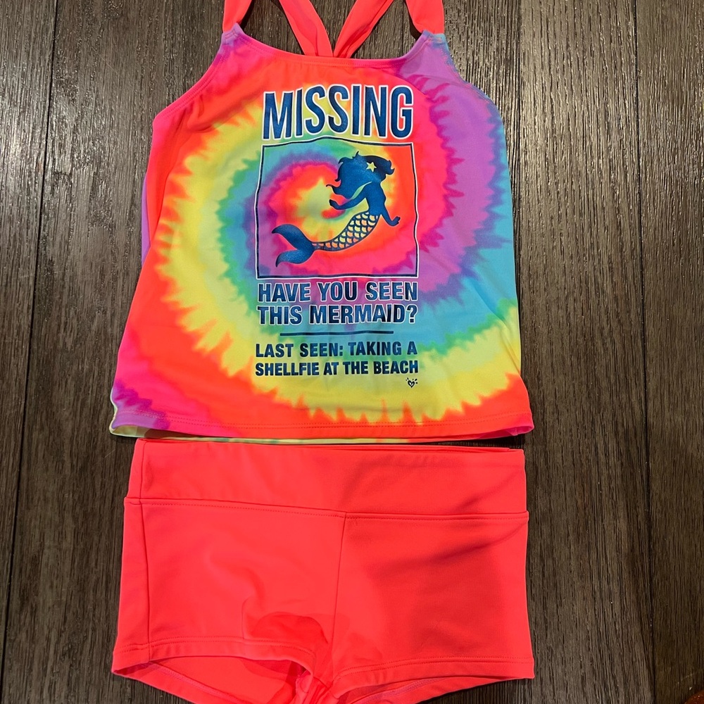 Justice Mermaid Tie Dye 2 Piece Swimsuit Tankini Boy Shorts Bottoms Size 10 neon